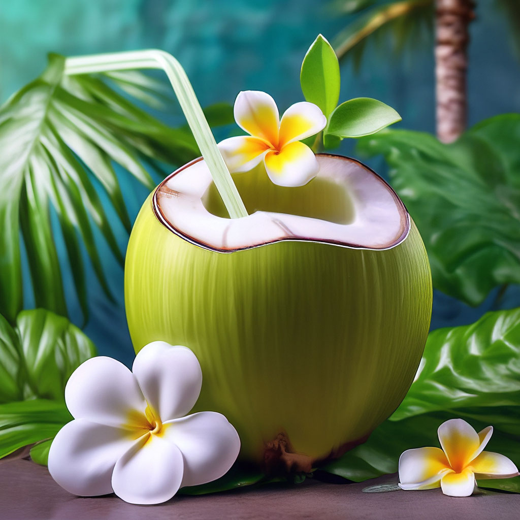 A champagne coupe and a fresh green coconut with a straw side by side on a stadium background