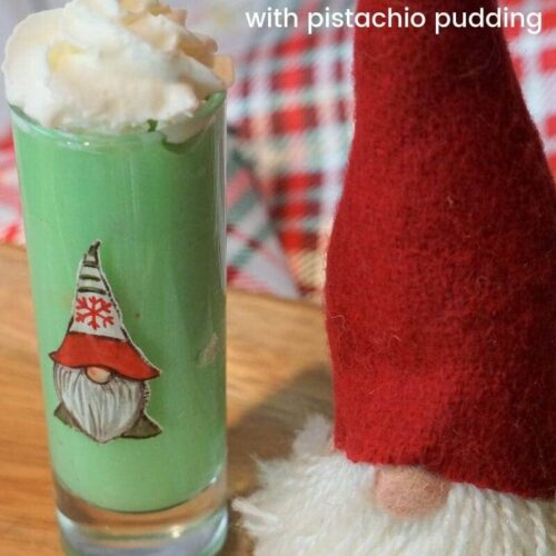 Pistachi-gnome pudding shots with pistachio pudding