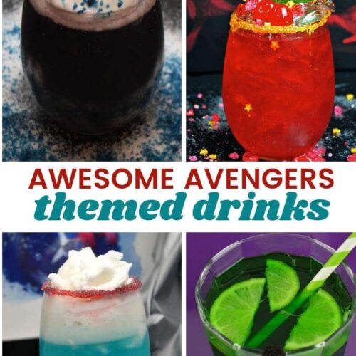 Avengers Endgame themed drinks featuring drinks for Black Panther, Thor, Captain America and the Hulk