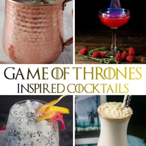 A collage featuring 4 drinks inspired by the show Game of Thrones.