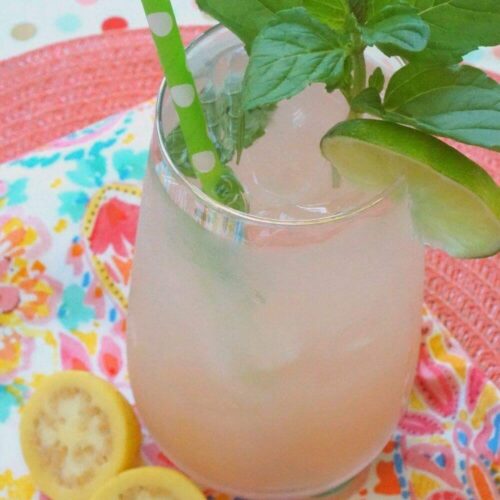 A Guava Mojito garnished with fresh mint on a colorful tablecloth