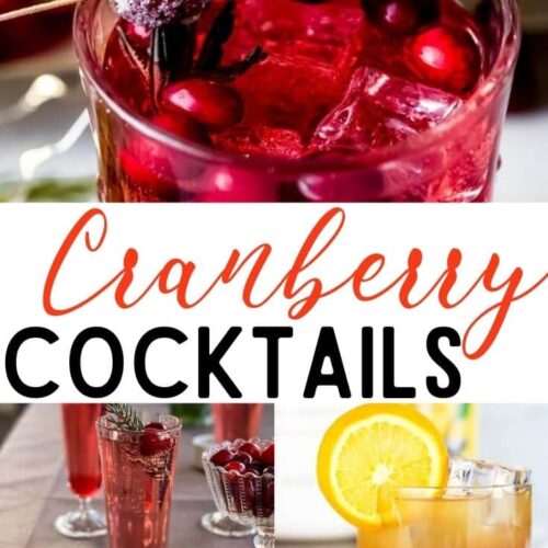 A collage of cranberry cocktails like a cranberry champagne cocktail, a cranberry orange cocktail, and a cranberry spritzer.