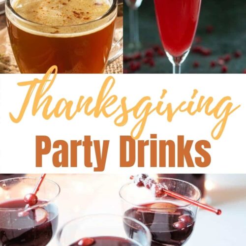 A collage featuring Thanksgiving party drinks like a hot buttered rum, and three punch recipes.