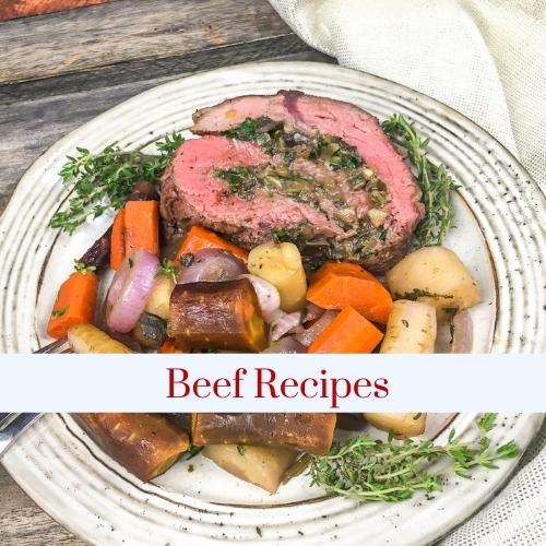 Image of a plate beef tenderloin slice with text: beef recipes.