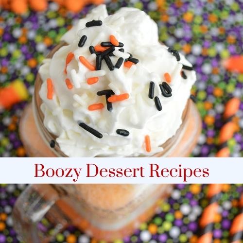 An orange ice cream float with text: boozy dessert recipes.