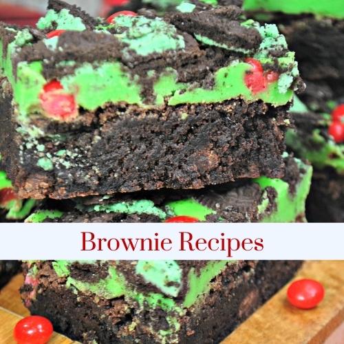 Brownies frosted with green icing with text: brownie recipes.