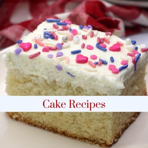 A square of white cake with text: cake recipes.