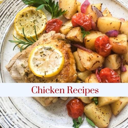Image of a plated chicken thigh with text: Chicken Recipes.