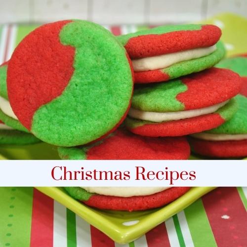 Red and green sandwich cookies with text: Christmas recipes.
