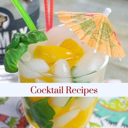 A peach and basil cocktail with an umbrella with text: cocktail recipes.