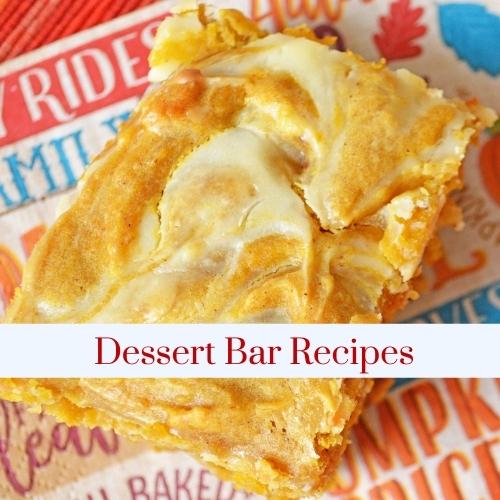 A square of pumpkin cheesecake bars with text: dessert bar recipes.