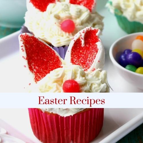 Two easter bunny cupcakes with text: easter recipes.