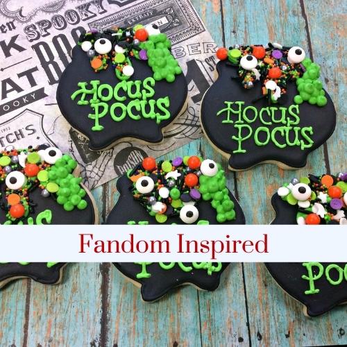Five Hocus Pocus cookies with text: Fandom inspired.