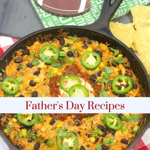 A cast iron skillet filled with dip with text: father's day recipes.