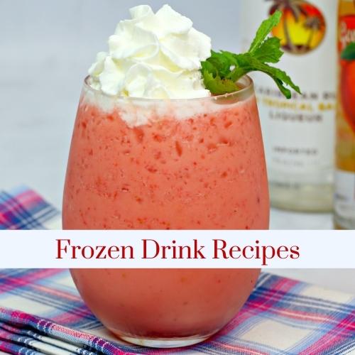 A pink frozen drink with whipped cream with text: frozen drink recipes.