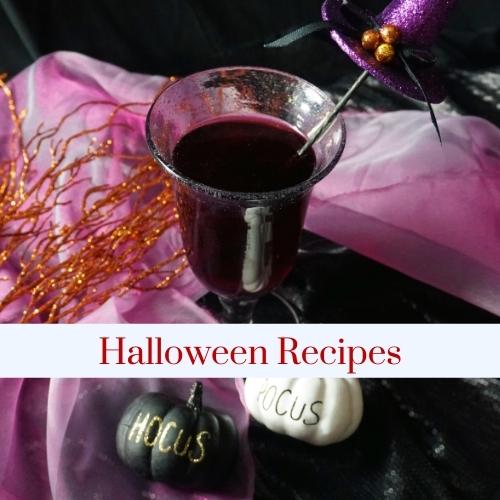A purple Hocus Pocus cocktail with text: Halloween recipes.