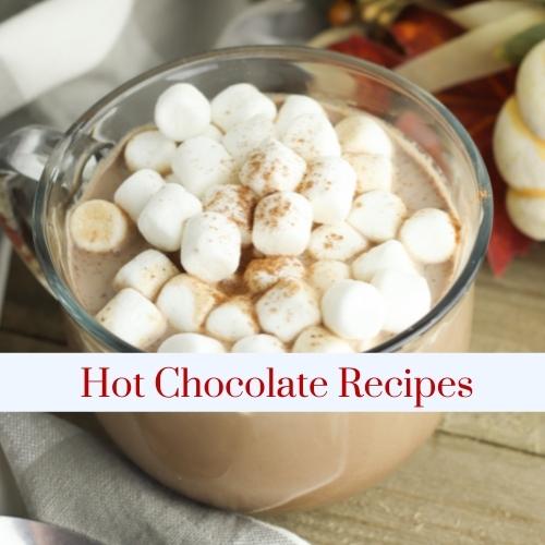 A mug of hot chocolate with marshmallows with text: hot chocolate recipes.