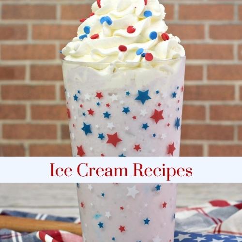 Image of a glass of ice cream milkshake with text: ice cream recipes.