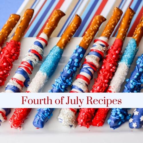 A row of dipped pretzel rods with text: fourth of July recipes.