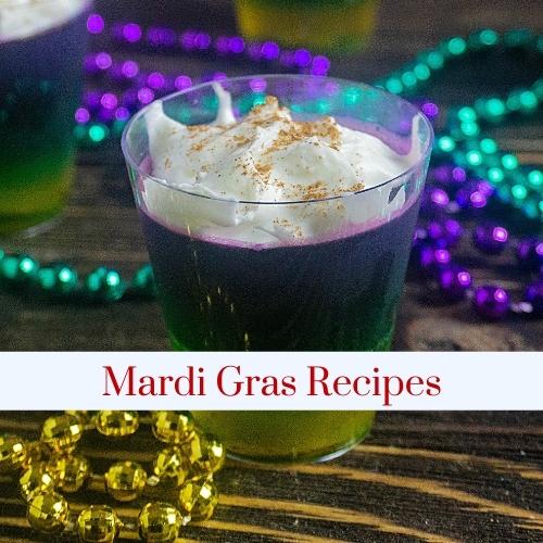 Purple, green, and yellow jello shots with text: Mardi Gras recipes.