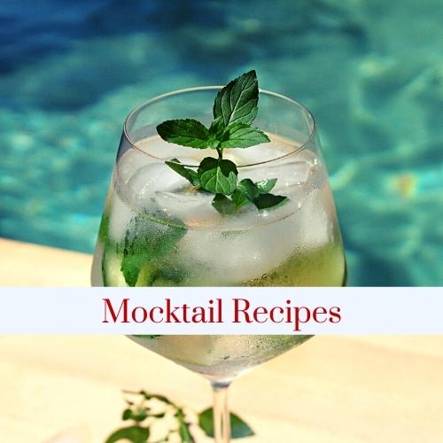 A glass of cucumber water by a pool with text: mocktail recipes.