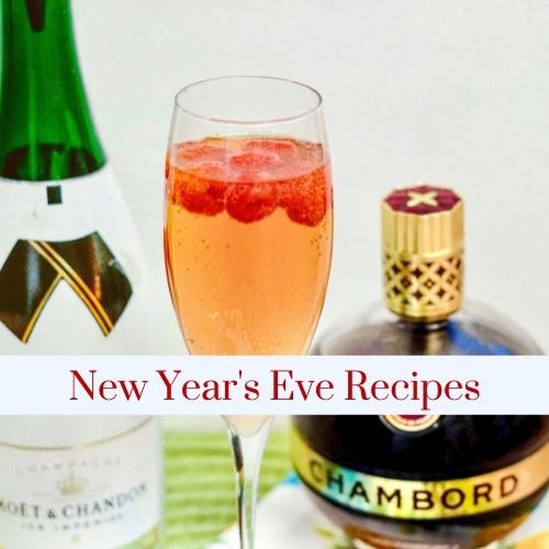 A champagne cocktail with text: New Year's Eve recipes.