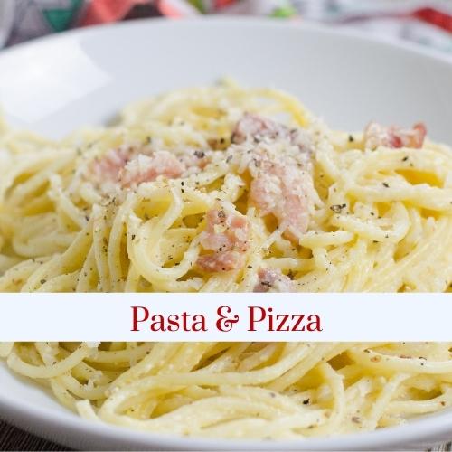 Image of a bowl of pasta with text: Pasta and Pizza.