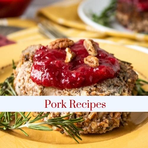 Image of a crusted pork chop with text: Pork Recipes.