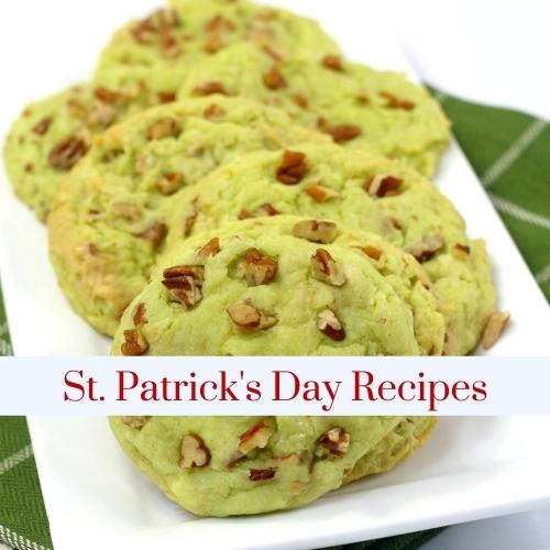 A plate of nutty pistachio cookies with text: St. Patrick's Day Recipes.