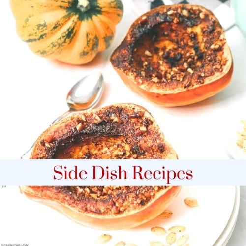 A plate of roasted acorn squash with text: side dish recipes.