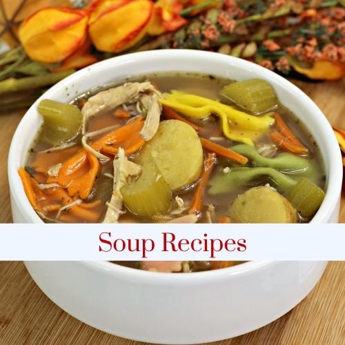 Image of a bowl of soup with text: Soup Recipes
