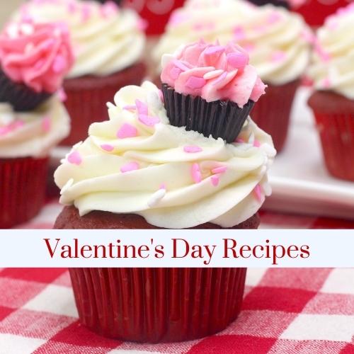 A red velvet cupcake with text: Valentine's Day recipes.