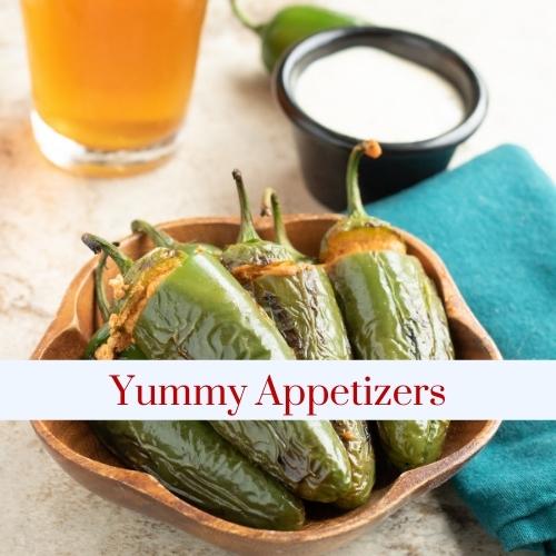 A bowl of stuffed jalapenos with text: yummy appetizers.