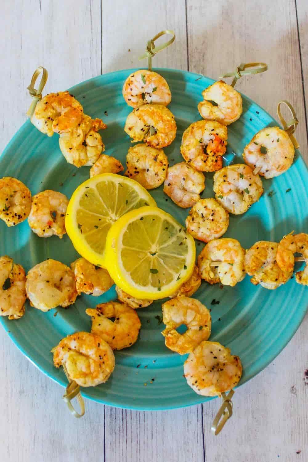 Air Fryer Lemon Pepper Shrimp Skewers | Champagne and Coconuts
